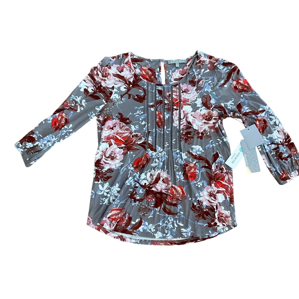 Daniel Rainn Floral Blouse Women S Gray Pink Red 3/4 Sleeve Pleated Keyhole
